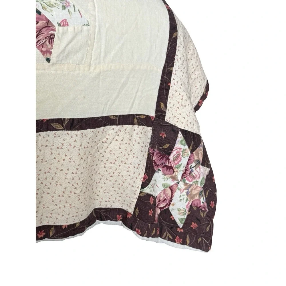 Handmade Patchwork Quilt 100x88 Burgundy Cream Floral Pinwheel Cottage Queen
